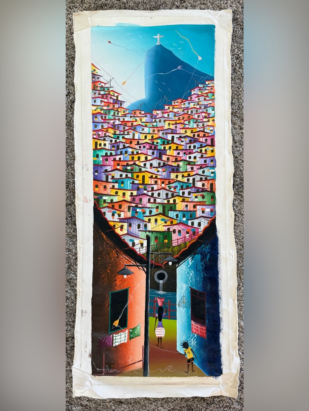 Original Folk Art Hand-Painted Village Canvas